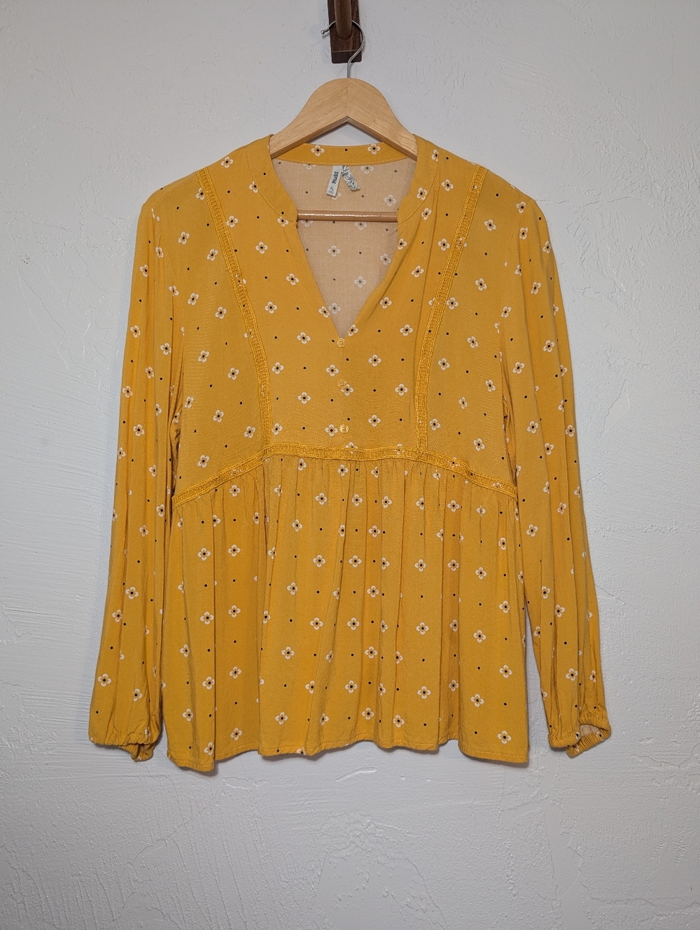 Mudd Womens Cottagecore Yellow Floral VNeck Flowy Babydoll Peasant Blouse XL